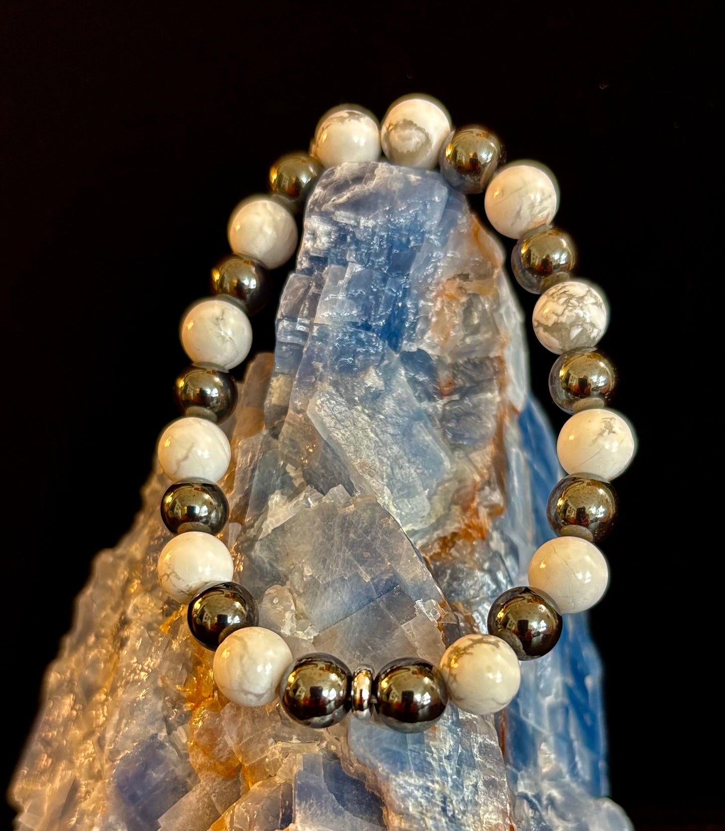 White Howlite & Hematite Reiki-Infused Calm & Grounding Bracelet (Medium Wrist)