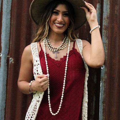 White Turquoise Beaded Collar Necklace w/ Cross Pendant 260z