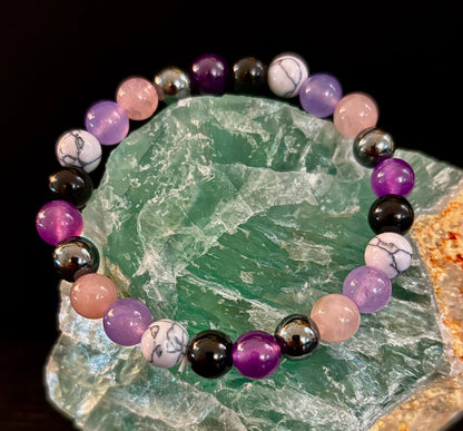 The Empaths Recharge Bracelet (amethyst, Clear Quartz, Rose Quartz, White Howlite, Black Tourmaline)