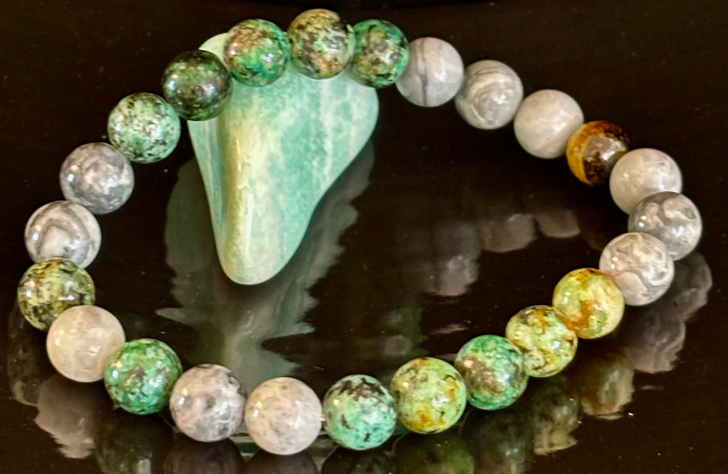 Tranquil Power Bracelet – African Turquoise, Tiger Eye & Map Stone (Large Wrists)