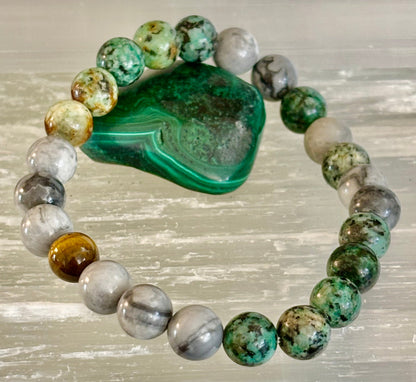 Tranquil Power Bracelet – African Turquoise, Tiger Eye & Map Stone (Large Wrists)