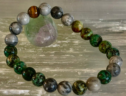 Tranquil Power Bracelet – African Turquoise, Tiger Eye & Map Stone (Large Wrists)