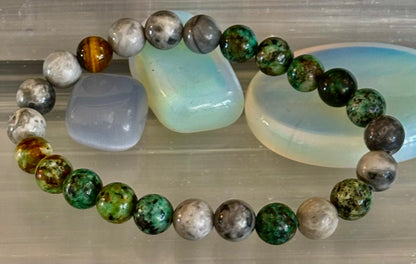 Tranquil Power Bracelet – African Turquoise, Tiger Eye & Map Stone (Large Wrists)