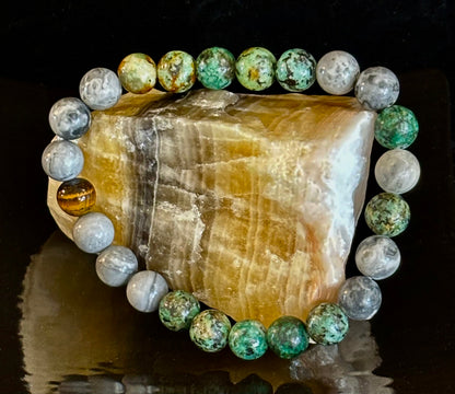 Tranquil Power Bracelet – African Turquoise, Tiger Eye & Map Stone (Large Wrists)