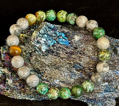 Tranquil Power Bracelet – African Turquoise, Tiger Eye & Map Stone (Large Wrists)