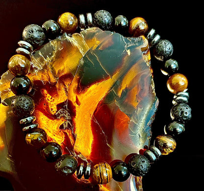 Men's Energy Bracelet – Tiger Eye, Black Onyx & Lava Rock with Black Metal Spacers (Fits Large Wrists)