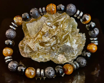 Men's Energy Bracelet – Tiger Eye, Black Onyx & Lava Rock with Black Metal Spacers (Fits Large Wrists)