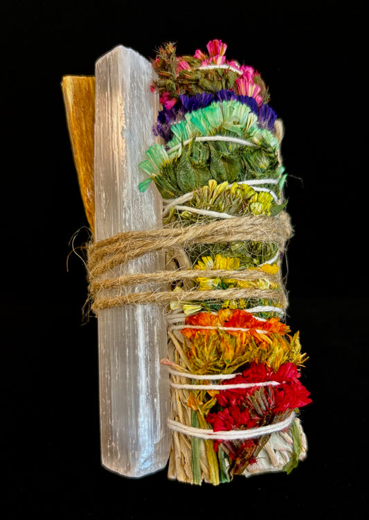 4" Chakra Sage Smudge Stick with Palo Santo & Raw Selenite – Ethically Sourced from Mexico