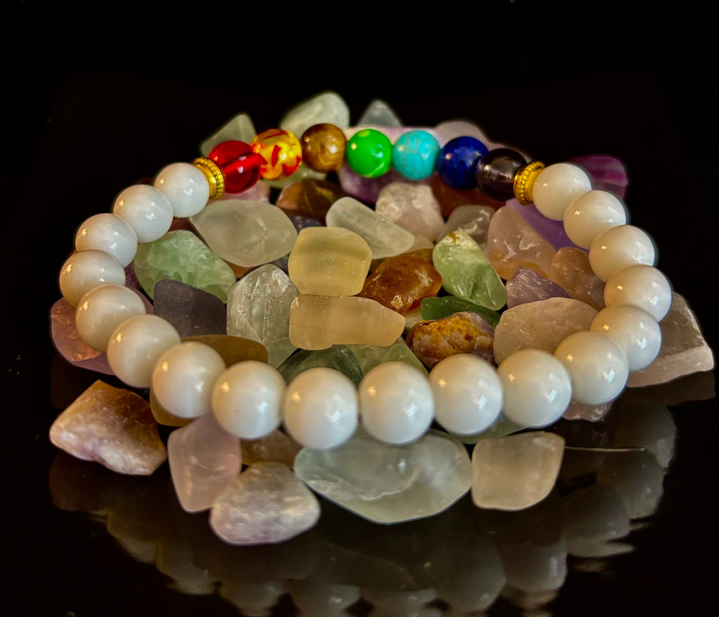 Chakra Energy Healing Bracelet – White Porcelain Beads – Medium Wrists