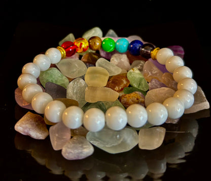 Chakra Energy Healing Bracelet – White Porcelain Beads – Medium Wrists