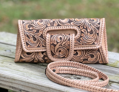Hand-Tooled Leather Large Crossbody Clutch "LENGUETA" by ALLE