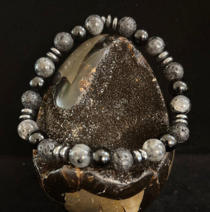 Men's Mystic Warrior Bracelet – Labradorite, Black Onyx & Lava Rock with Black Metal Spacers (Fits Large Wrists)