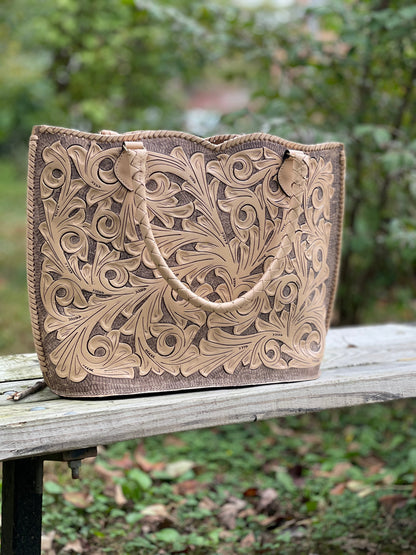 Hand Tooled Leather Extra Large Tote Travel Bag "IBIZA" Beige Color