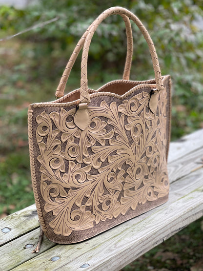 Hand Tooled Leather Extra Large Tote Travel Bag "IBIZA" Beige Color