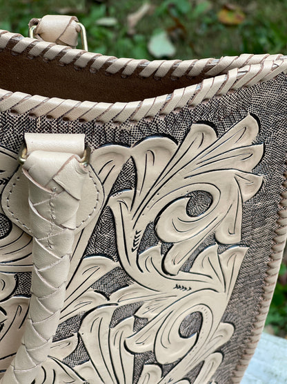 Hand Tooled Leather Extra Large Tote Travel Bag "IBIZA" Beige Color