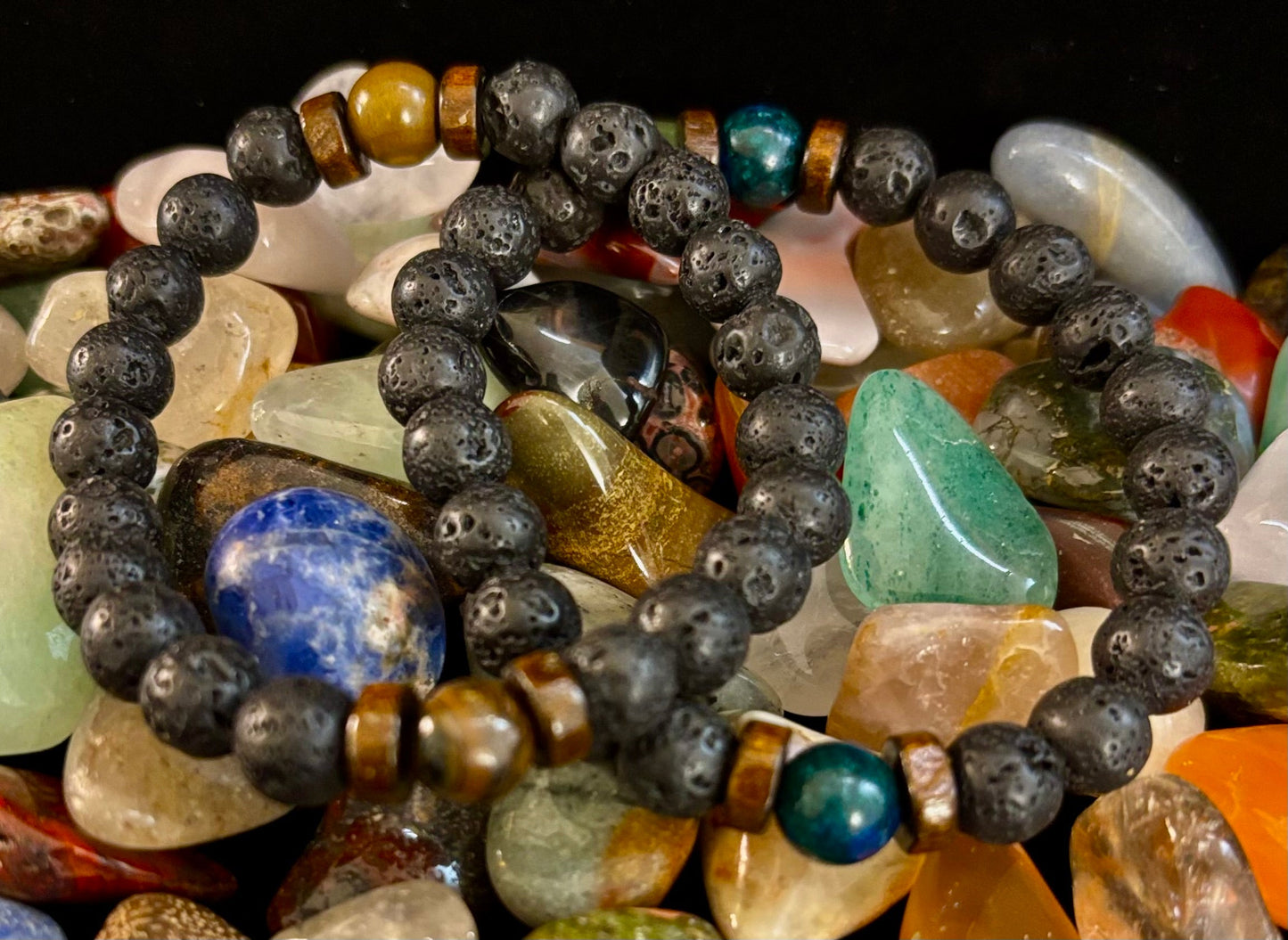 Men’s Lava Rock & Black Stone Bracelet – Natural Blue, Gray or Brown Accent Stones | Medium–Large Wrist