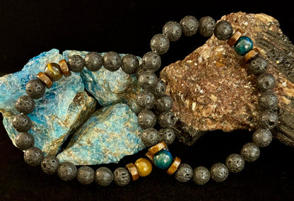 Men’s Lava Rock & Black Stone Bracelet – Natural Blue, Gray or Brown Accent Stones | Medium–Large Wrist