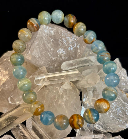 Aquatine Lemurian Calcite Bracelet (8mm) – Emotional Healing, Intuition & Inner Peace | Reiki-Infused Crystal Bracelet for Medium Wrists