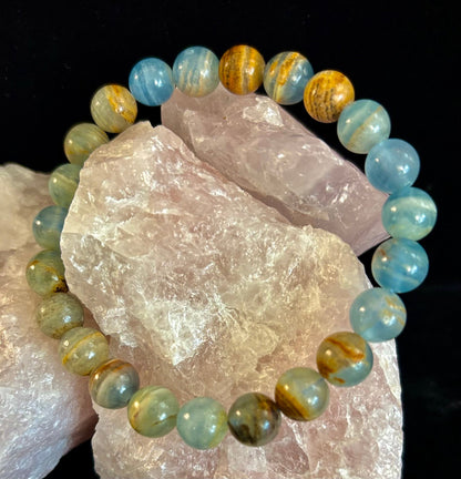 Aquatine Lemurian Calcite Bracelet (8mm) – Emotional Healing, Intuition & Inner Peace | Reiki-Infused Crystal Bracelet for Medium Wrists