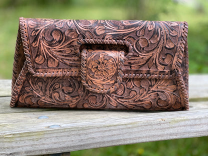 Hand-Tooled Leather Large Crossbody Clutch "LENGUETA" by ALLE