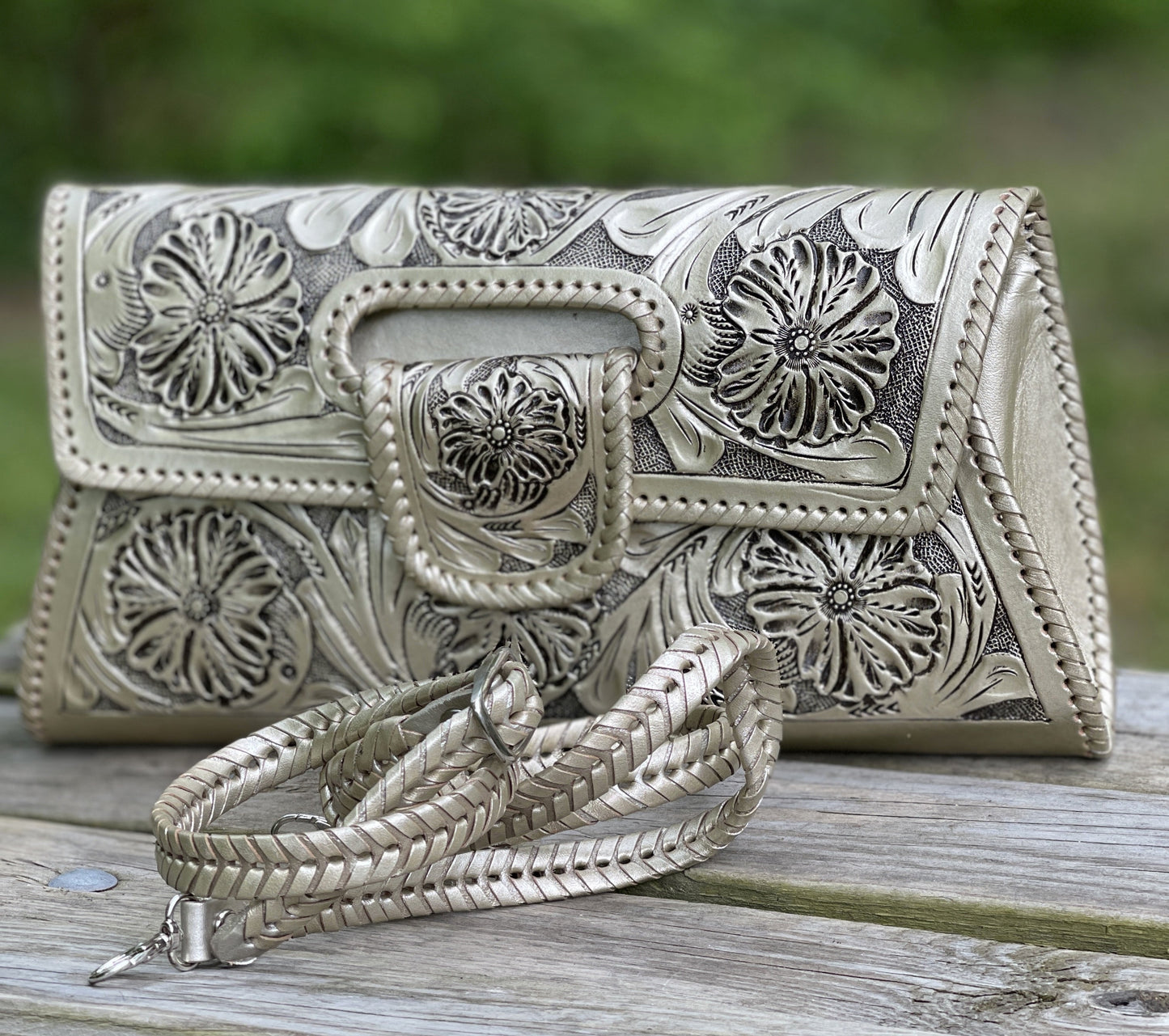 Hand-Tooled Leather Large Crossbody Clutch "LENGUETA" by ALLE