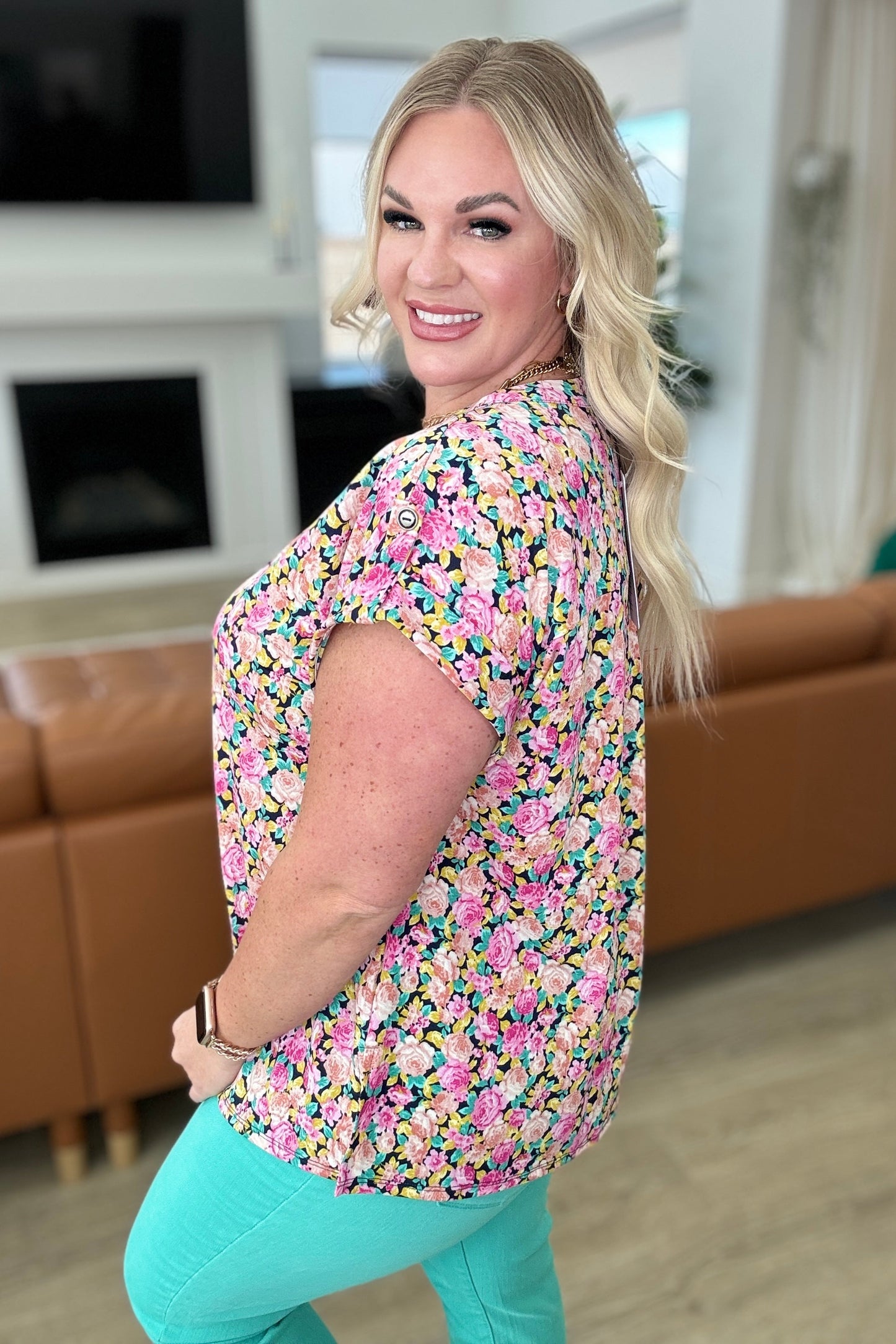 Lizzy Cap Sleeve Top in Navy and Rose Ditsy Floral