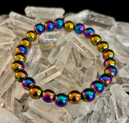 Rainbow Hematite Round Beaded Bracelet – LGBTQ Pride & Strength for Medium or Large Wrists