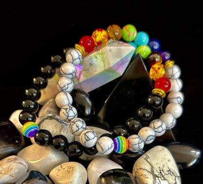🌈 Faux Stone Chakra Bracelets with LGBTQ Pride Bead – White, Black, or Lava Rock