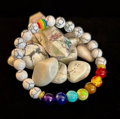 🌈 Faux Stone Chakra Bracelets with LGBTQ Pride Bead – White, Black, or Lava Rock