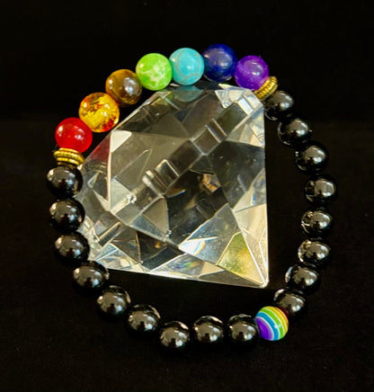 🌈 Faux Stone Chakra Bracelets with LGBTQ Pride Bead – White, Black, or Lava Rock