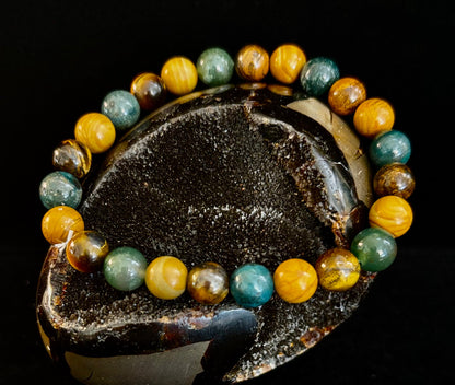 Moss Agate, Yellow Tiger Eye & Wood Jasper Bracelet – 8mm Beads for Large Wrists