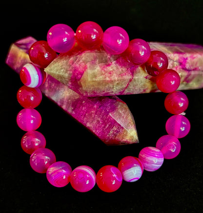 Rose Red Striped Agate Beaded Bracelet – 10mm Natural Stone for Large Wrists
