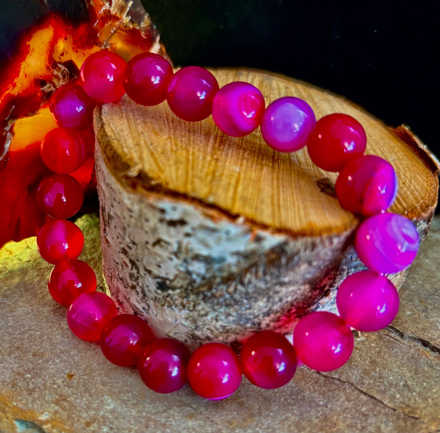 Rose Red Striped Agate Beaded Bracelet – 10mm Natural Stone for Large Wrists