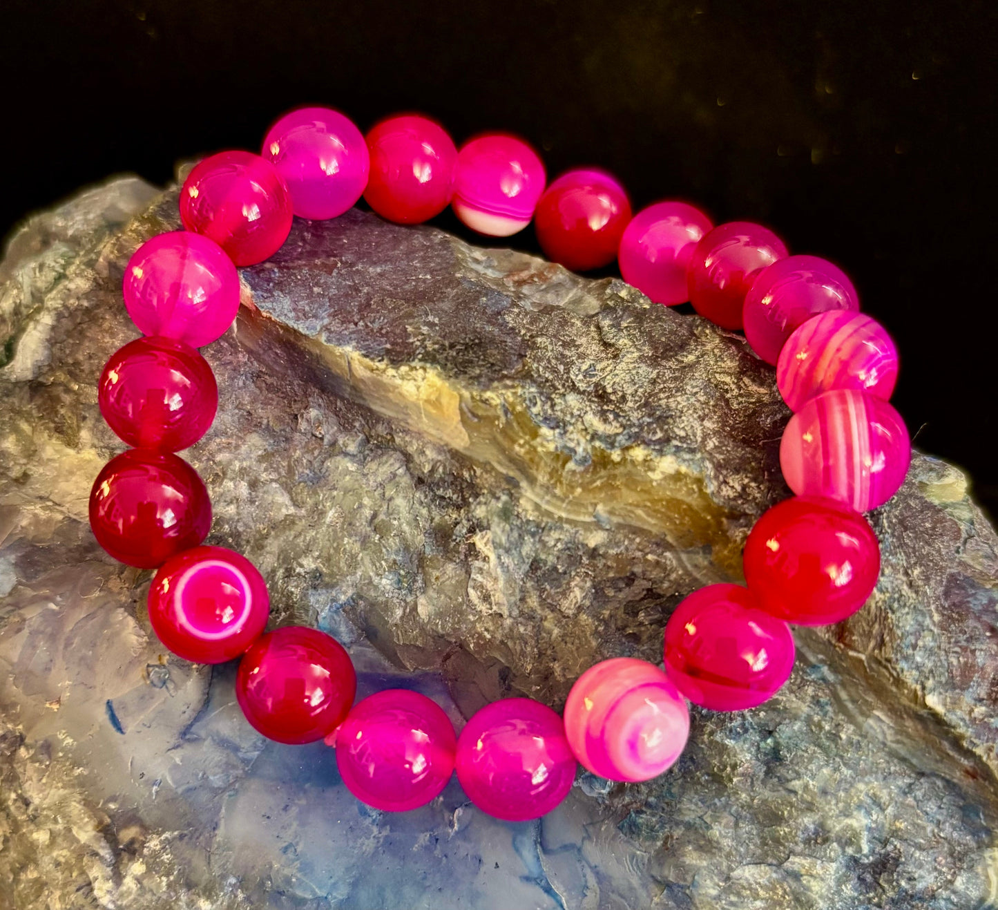 Rose Red Striped Agate Beaded Bracelet – 10mm Natural Stone for Large Wrists