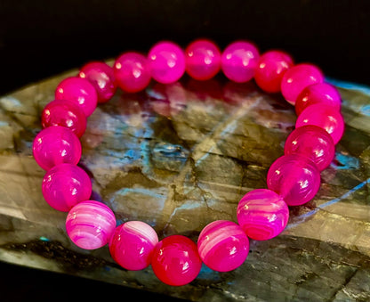 Rose Red Striped Agate Beaded Bracelet – 10mm Natural Stone for Large Wrists