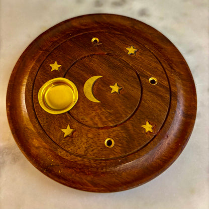 Handcrafted Moon & Stars Incense Burner | Round Wood Cone & Stick Holder from India