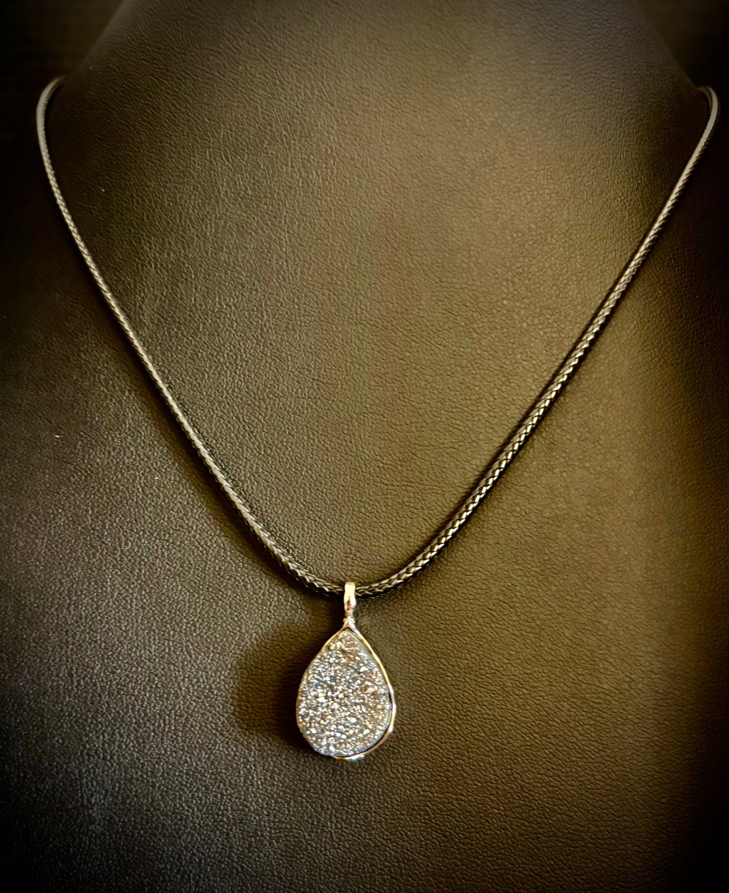 Silver Druzy Teardrop Pendant Necklace | Petite 18mm Pear-Shape Charm on 23” Cord