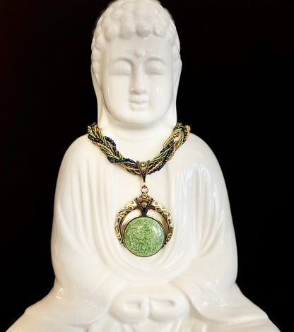 Bohemian Green Goddess Necklace | Vintage-Inspired Beaded Statement Pendant