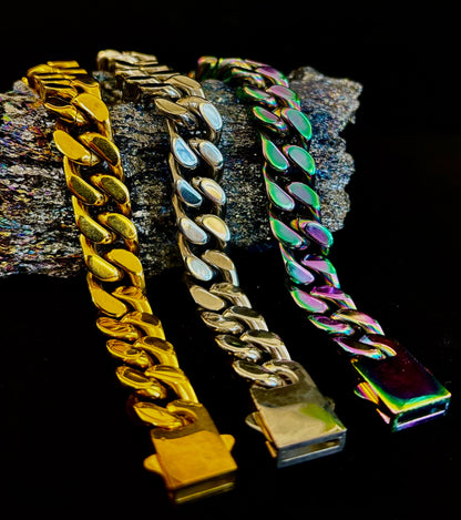 Titanium Steel Chain Bracelet – 22cm Cuban Link, Silver/Gold/Rainbow
