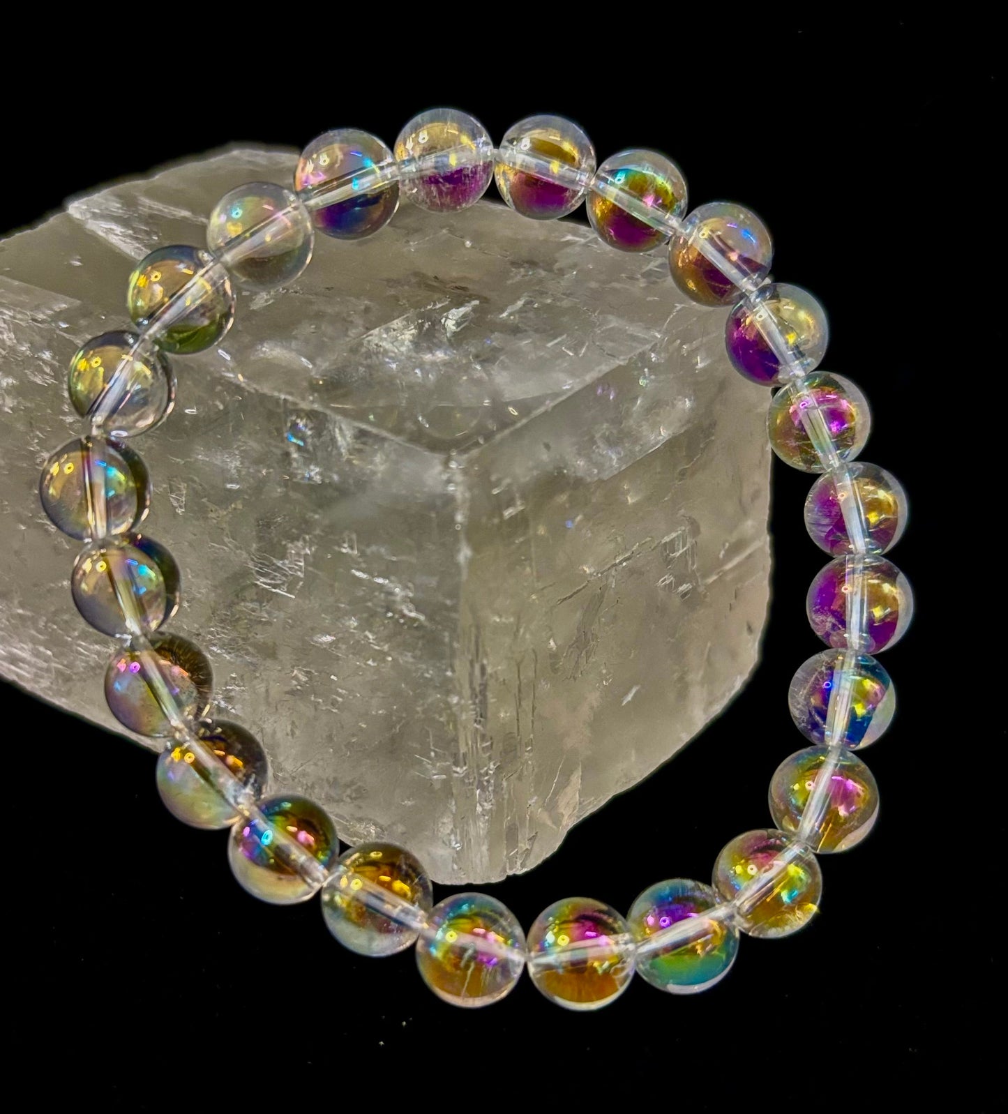 Angel Aura Clear Quartz 8mm Reiki-Infused Healing Crystal Bracelet (7.5” Medium Wrists)
