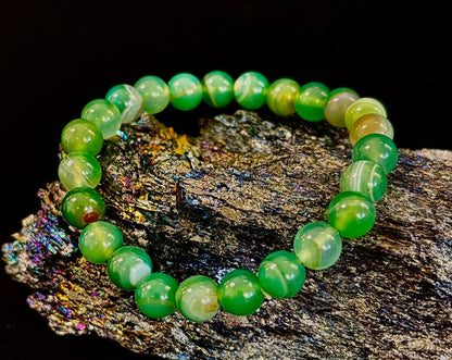 Green Striped Agate Reiki-Infused Healing Bracelet (8mm or 10mm) Medium Wrists