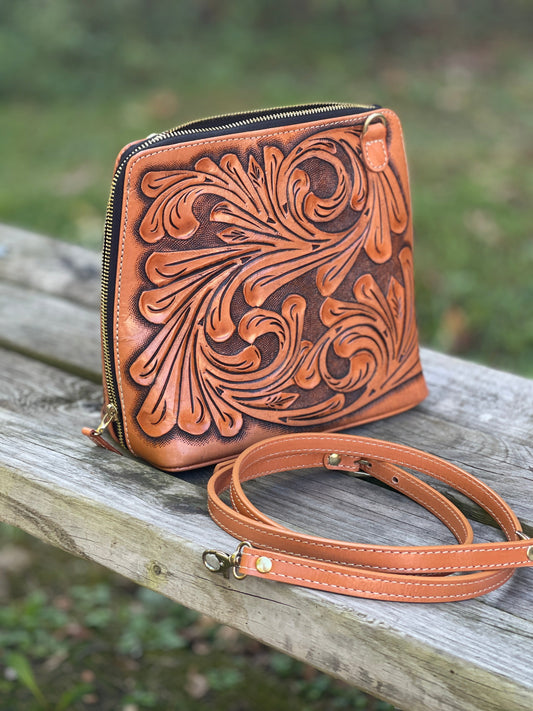 Hand-Tooled Leather Large Crossbody "CATALINA" by ALLE more Colors