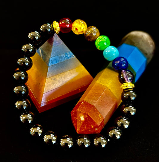 7 Chakra & Black Onyx Reiki-Infused Balance & Protection Bracelet (Medium Wrist)