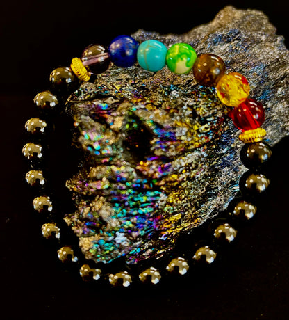 7 Chakra & Black Onyx Reiki-Infused Balance & Protection Bracelet (Medium Wrist)