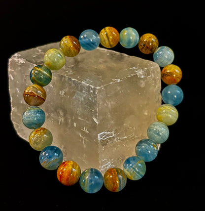 Aquatine Lemurian Calcite Bracelet (8mm) – Emotional Healing, Intuition & Inner Peace | Reiki-Infused Crystal Bracelet for Medium Wrists