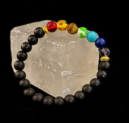 7 Chakra & Black Onyx Reiki-Infused Balance & Protection Bracelet (Medium Wrist)