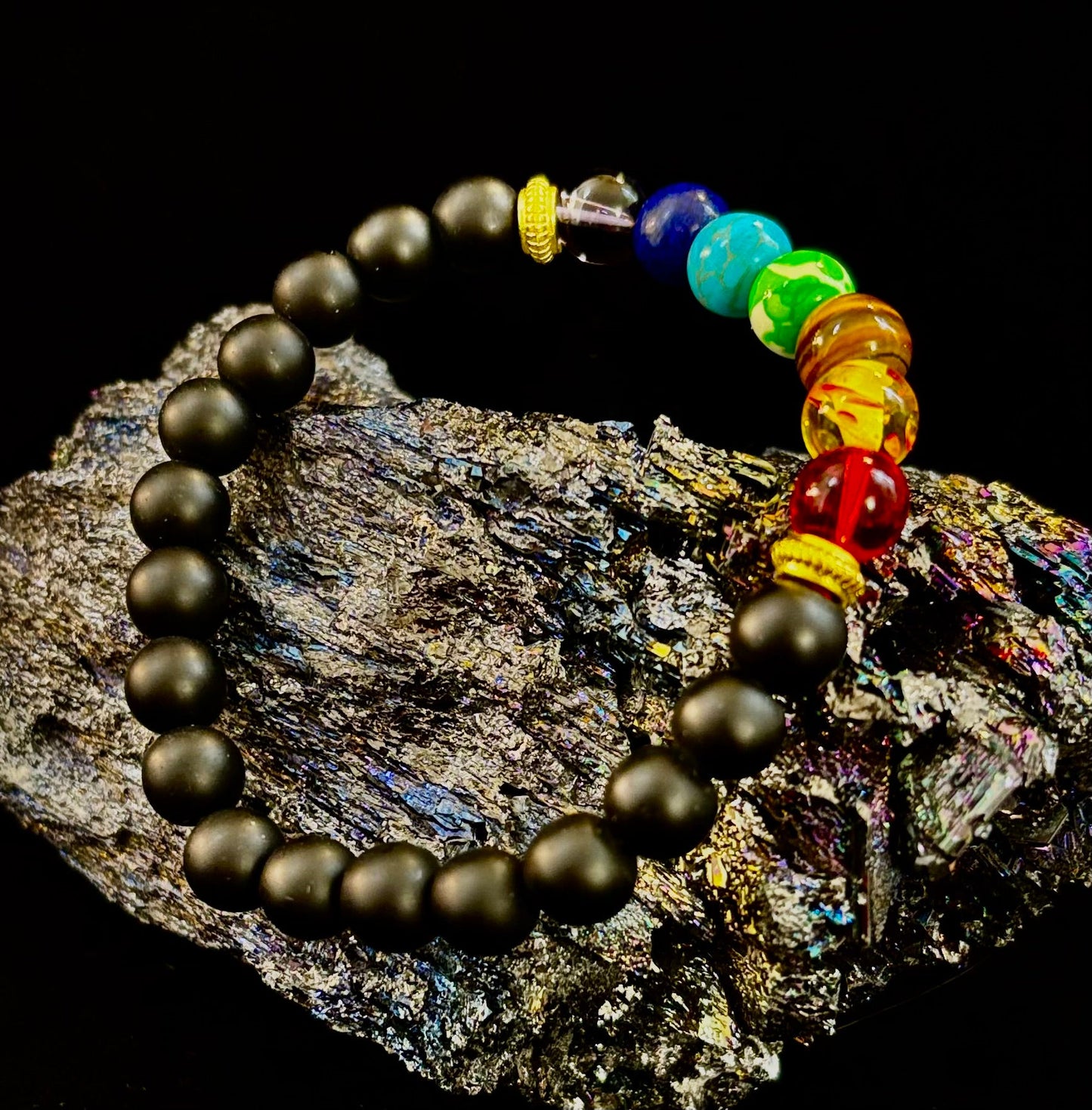 7 Chakra & Black Onyx Reiki-Infused Balance & Protection Bracelet (Medium Wrist)