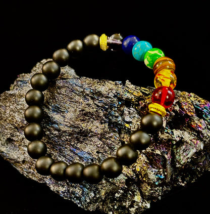 7 Chakra & Black Onyx Reiki-Infused Balance & Protection Bracelet (Medium Wrist)