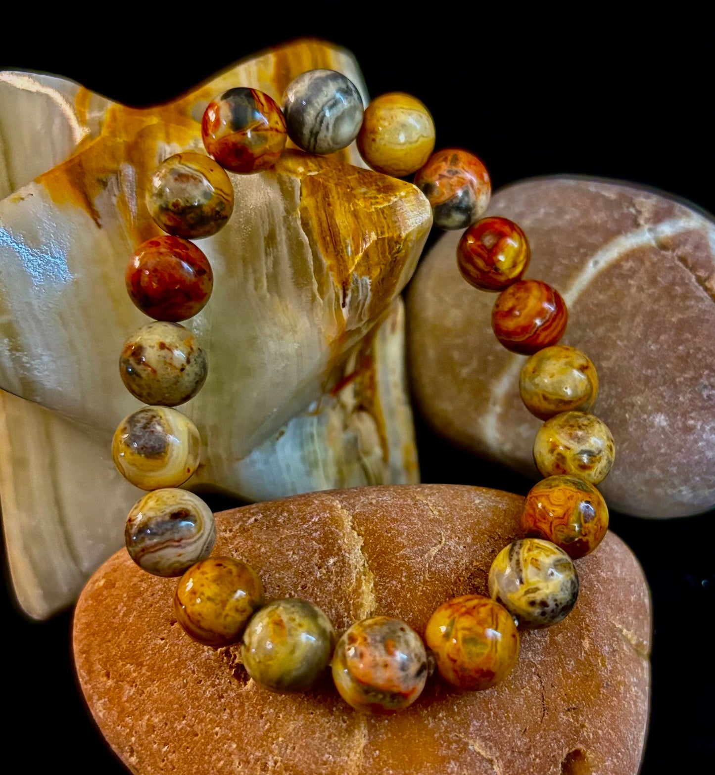 Reiki-Infused Crazy Lace Agate Strength & Stability Bracelet – 10mm Beads (Medium Wrist)