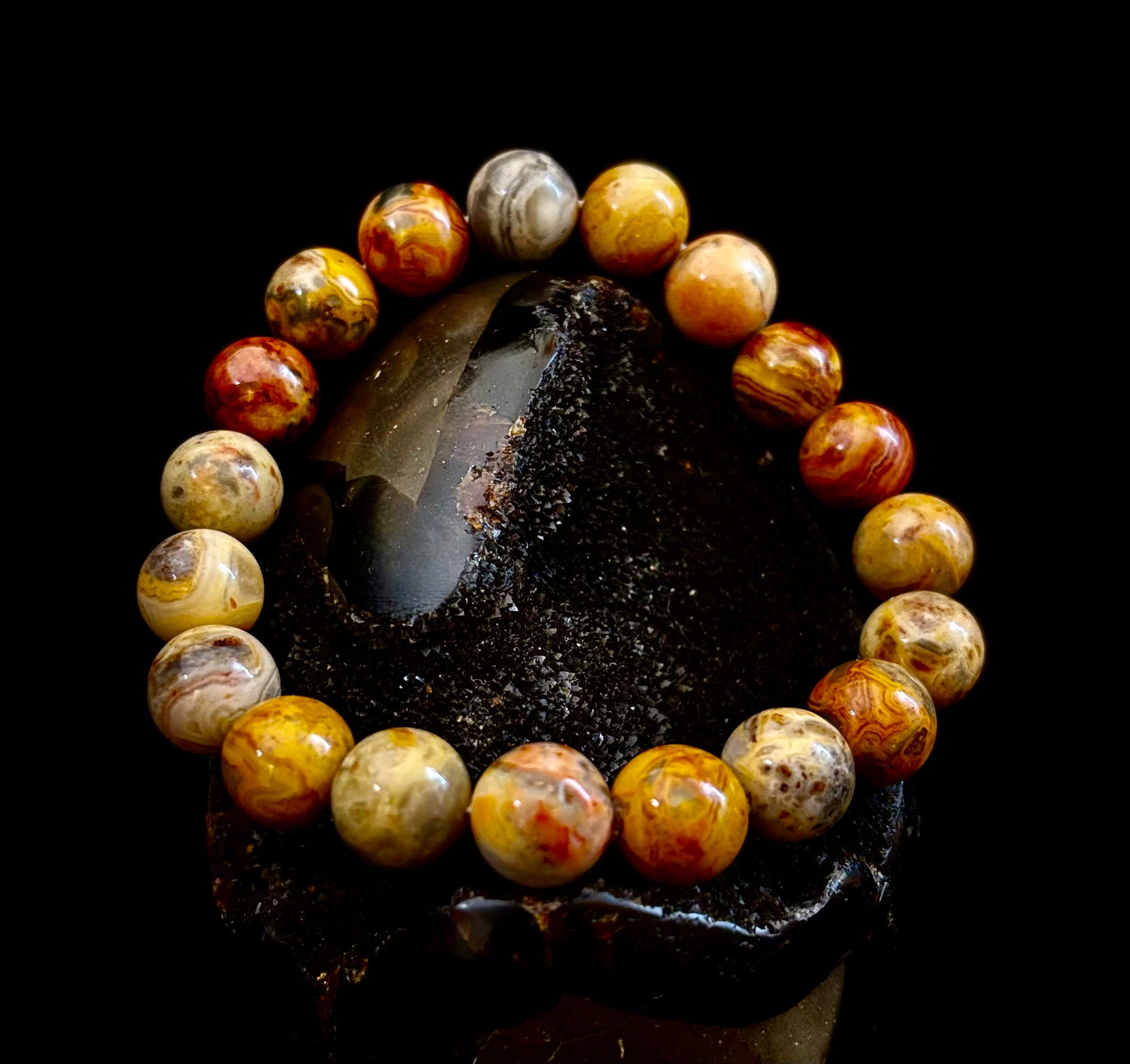 Reiki-Infused Crazy Lace Agate Strength & Stability Bracelet – 10mm Beads (Medium Wrist)